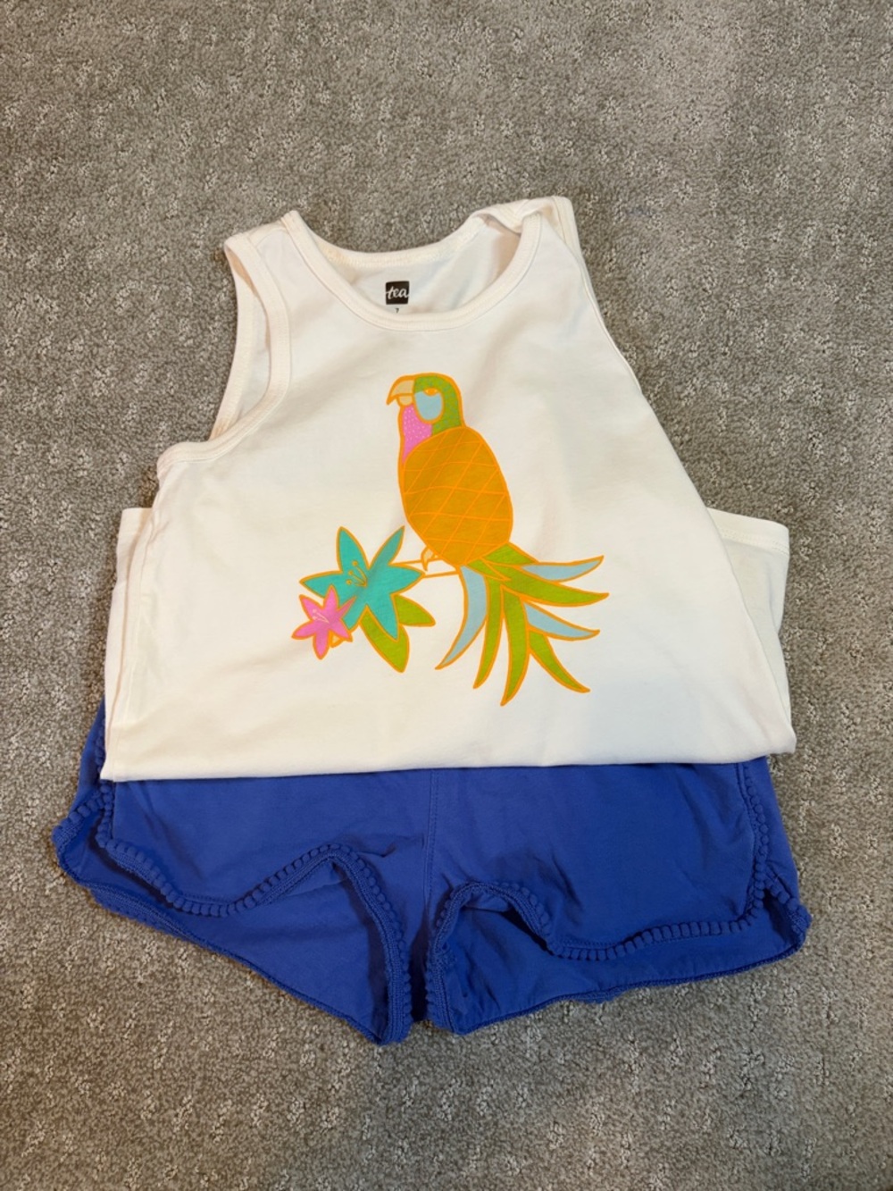 Tea Collection White Tank Top and Blue Shorts Set with Multicolor Parrot Graphic